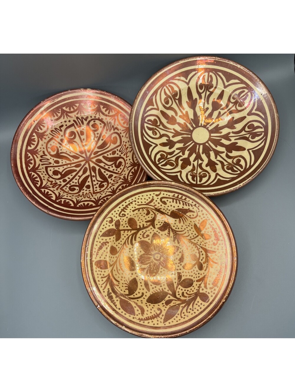 Set Of 3 Vintage Spanish Copper Luster Hand Painted Bowls Hispano Moresque Style